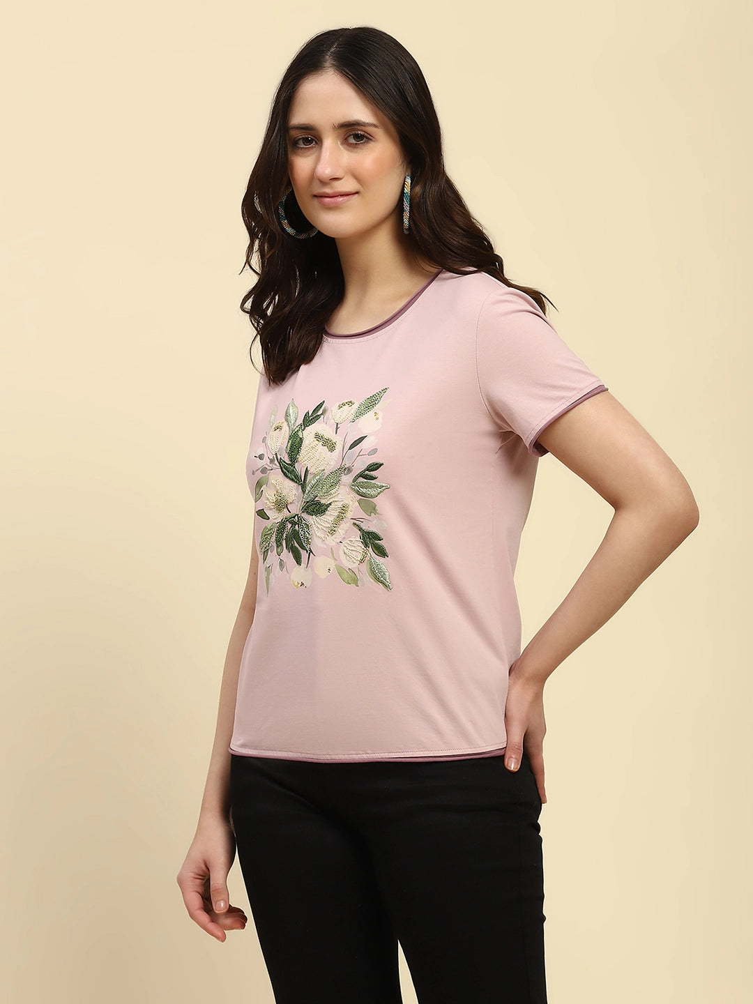 Mauve Embroidered Cotton Relaxed Fit Top