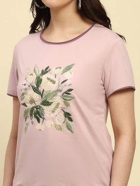 Mauve Embroidered Cotton Relaxed Fit Top