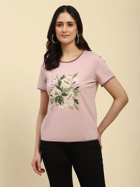 Mauve Embroidered Cotton Relaxed Fit Top