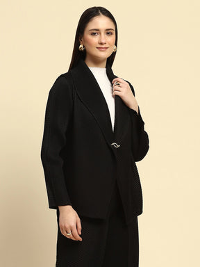 Black All-Over Pleats Poly Blend Loose Fit Shrug