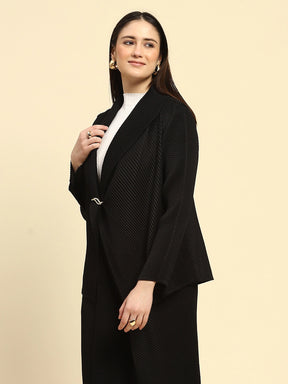 Black All-Over Pleats Poly Blend Loose Fit Shrug