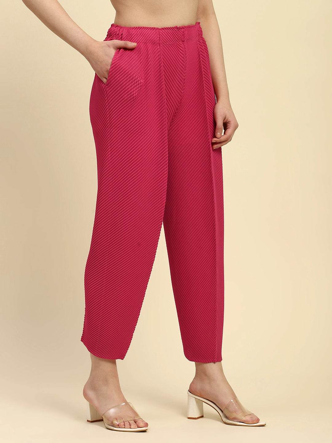 Hot Pink All-Over Pleats Poly Blend Loose Fit Lower