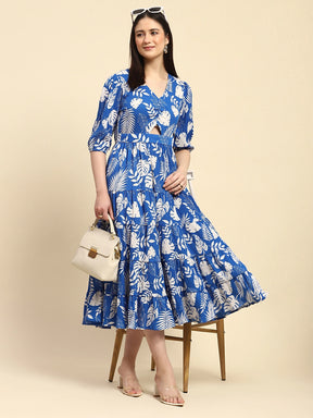 Blue And White Tropical Print Polycotton Fit & Flare Dress