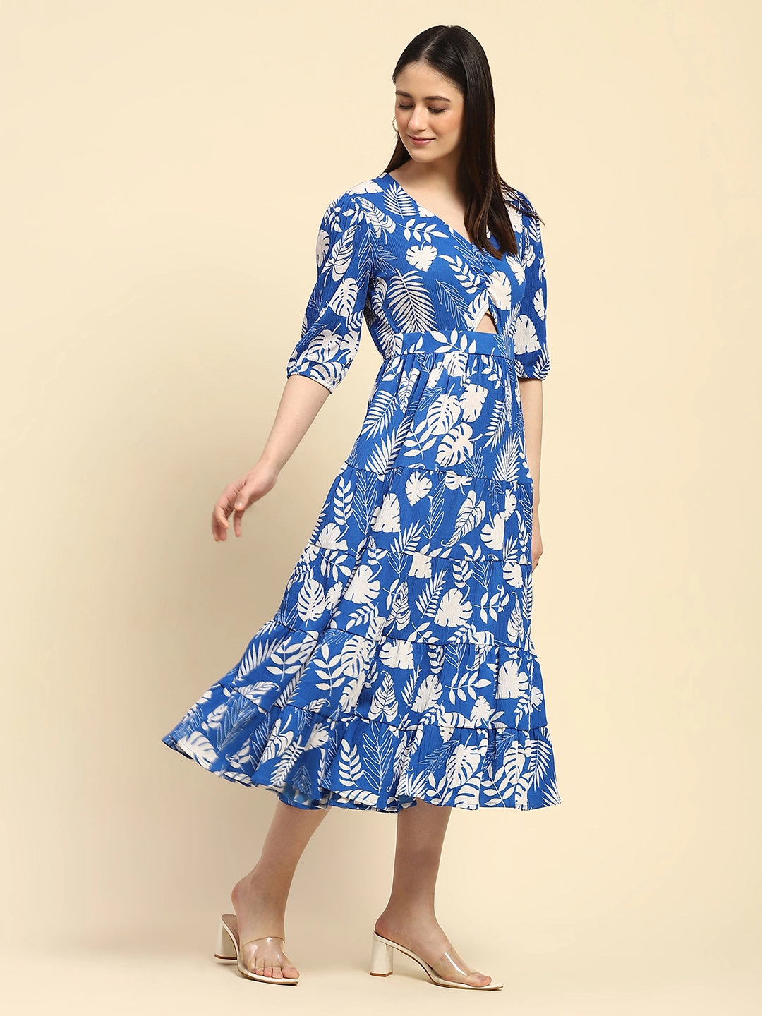 Blue And White Tropical Print Polycotton Fit & Flare Dress