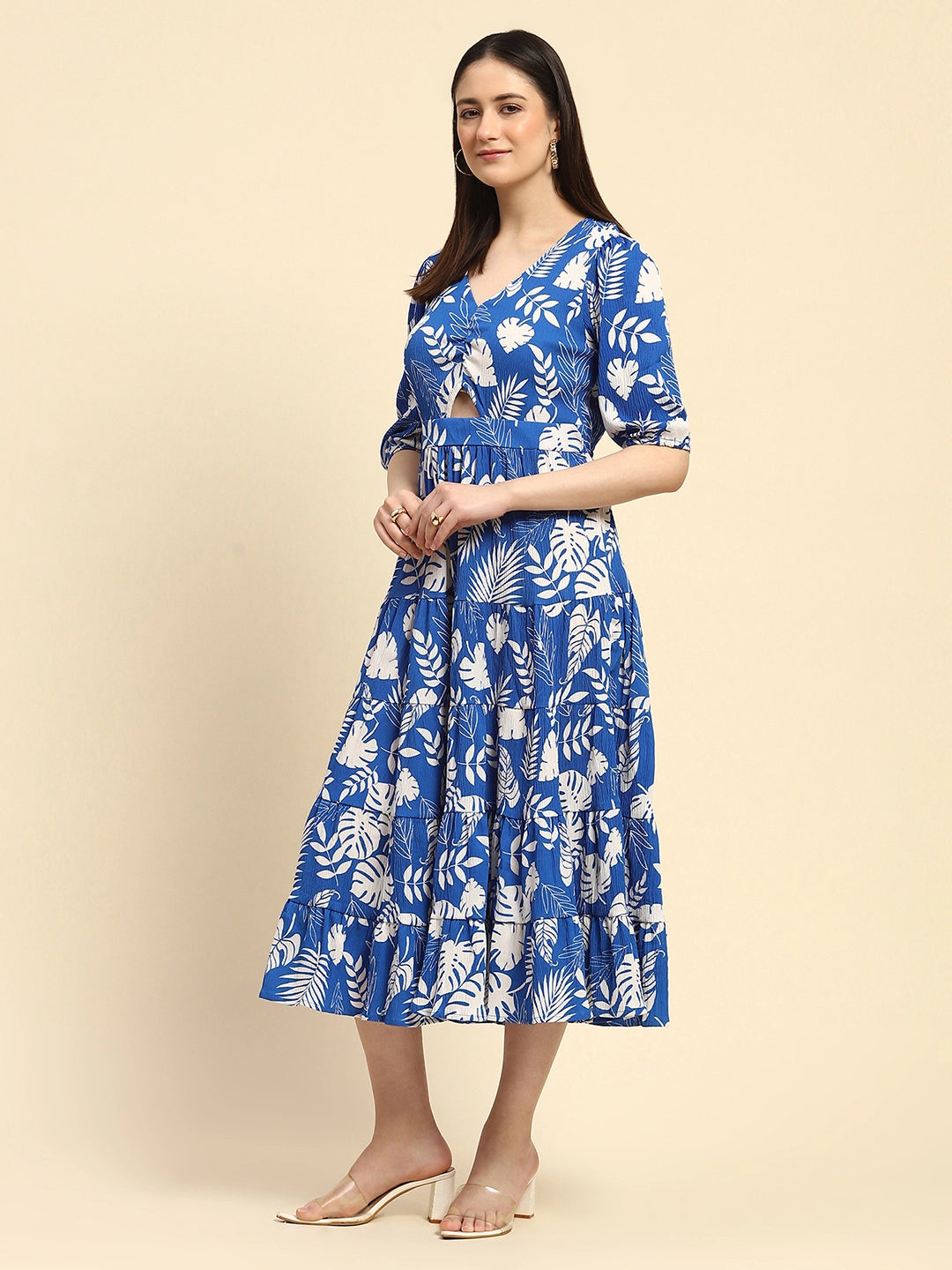 Blue And White Tropical Print Polycotton Fit & Flare Dress