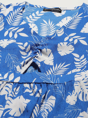 Blue And White Tropical Print Polycotton Fit & Flare Dress