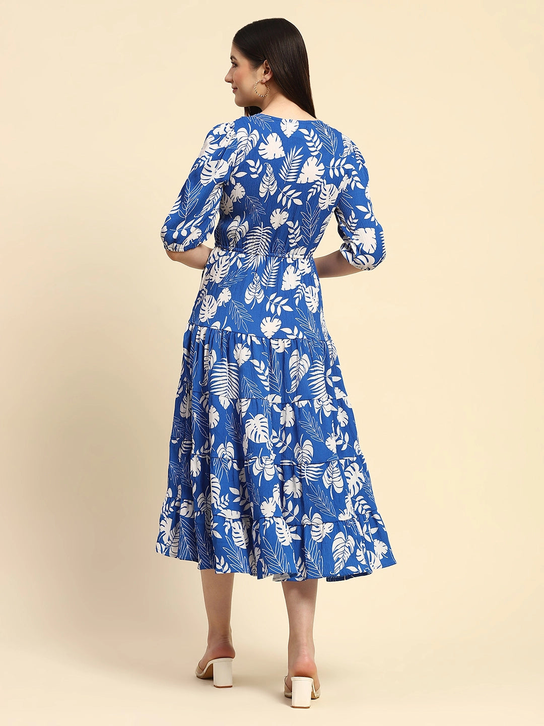 Blue And White Tropical Print Polycotton Fit & Flare Dress