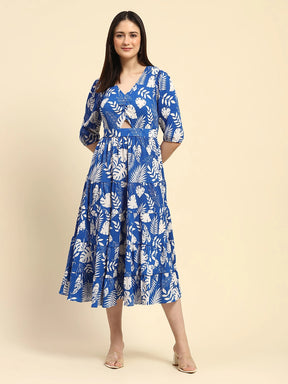 Blue And White Tropical Print Polycotton Fit & Flare Dress