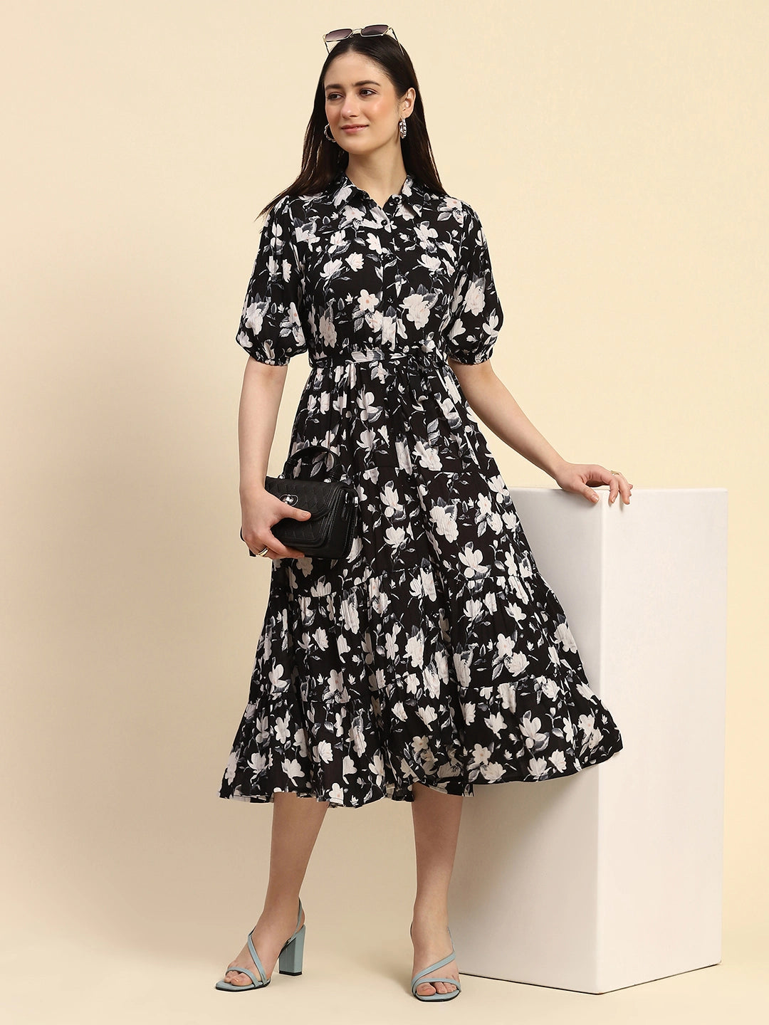 Black Floral Print Rayon Fit & Flare Dress