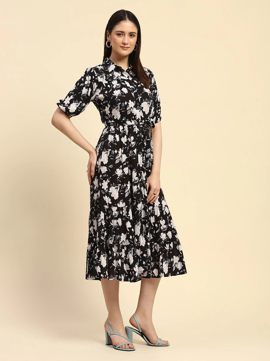 Black Floral Print Rayon Fit & Flare Dress