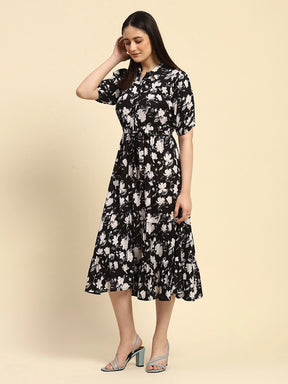 Black Floral Print Rayon Fit & Flare Dress