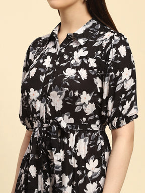 Black Floral Print Rayon Fit & Flare Dress