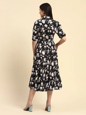 Black Floral Print Rayon Fit & Flare Dress