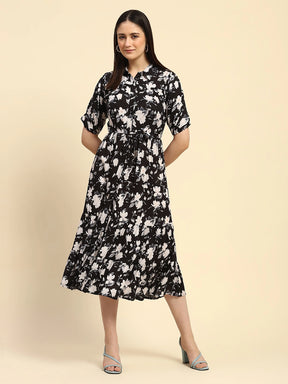 Black Floral Print Rayon Fit & Flare Dress