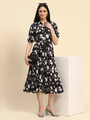 Black Floral Print Rayon Fit & Flare Dress