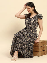 Black Floral Print Rayon Fit & Flare Dress