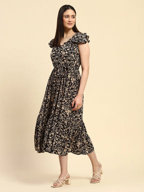 Black Floral Print Rayon Fit & Flare Dress