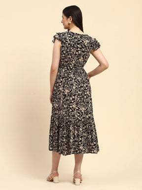 Black Floral Print Rayon Fit & Flare Dress