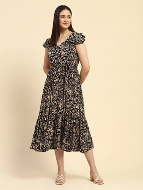 Black Floral Print Rayon Fit & Flare Dress