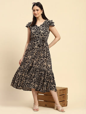 Black Floral Print Rayon Fit & Flare Dress