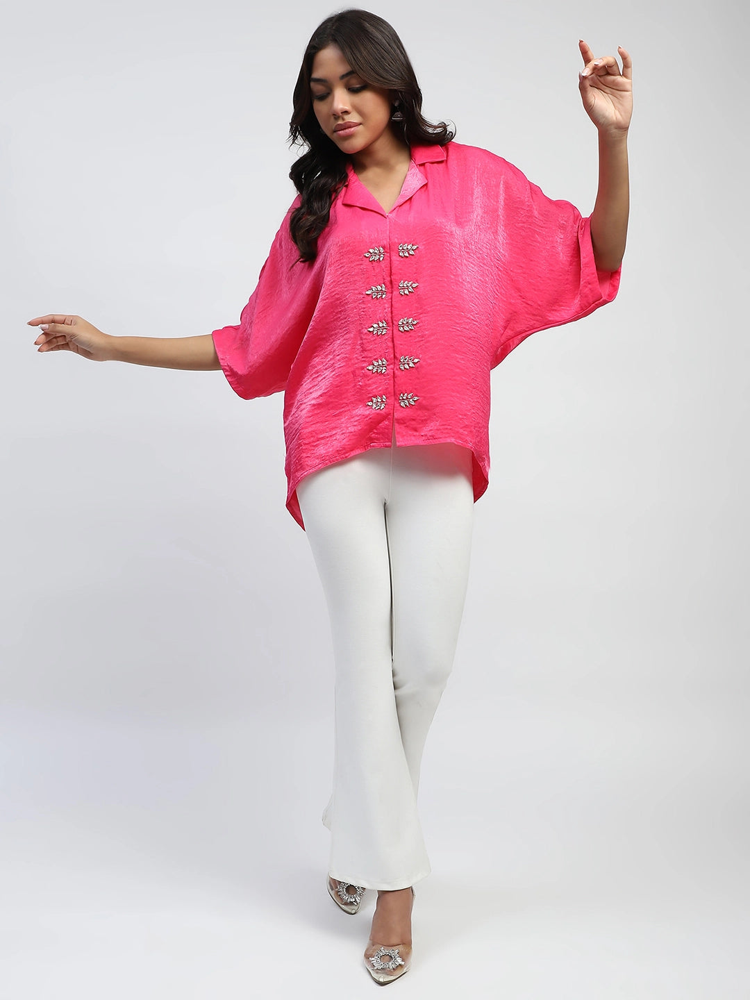 Pink Stone Embellishment Silk Satin Oversized Blouse