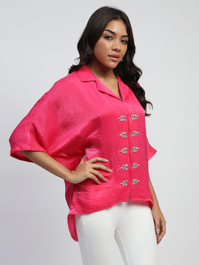 Pink Stone Embellishment Silk Satin Oversized Blouse