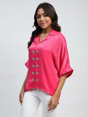 Pink Stone Embellishment Silk Satin Oversized Blouse