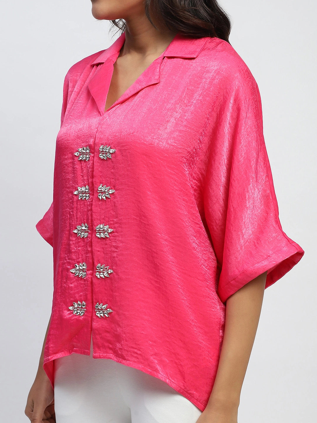 Pink Stone Embellishment Silk Satin Oversized Blouse