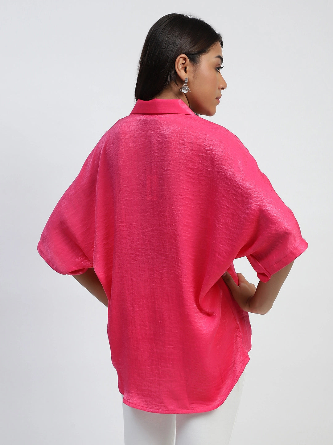 Pink Stone Embellishment Silk Satin Oversized Blouse