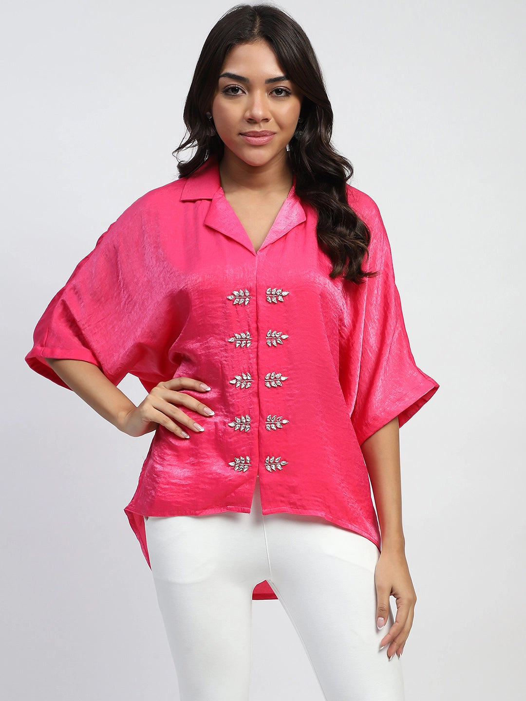 Pink Stone Embellishment Silk Satin Oversized Blouse