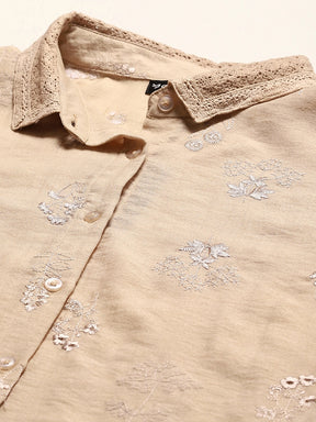 Beige Embroidered Poly Blend Relaxed Fit Shirt