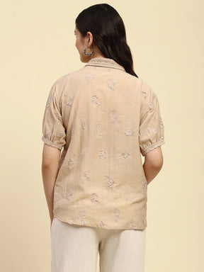 Beige Embroidered Poly Blend Relaxed Fit Shirt