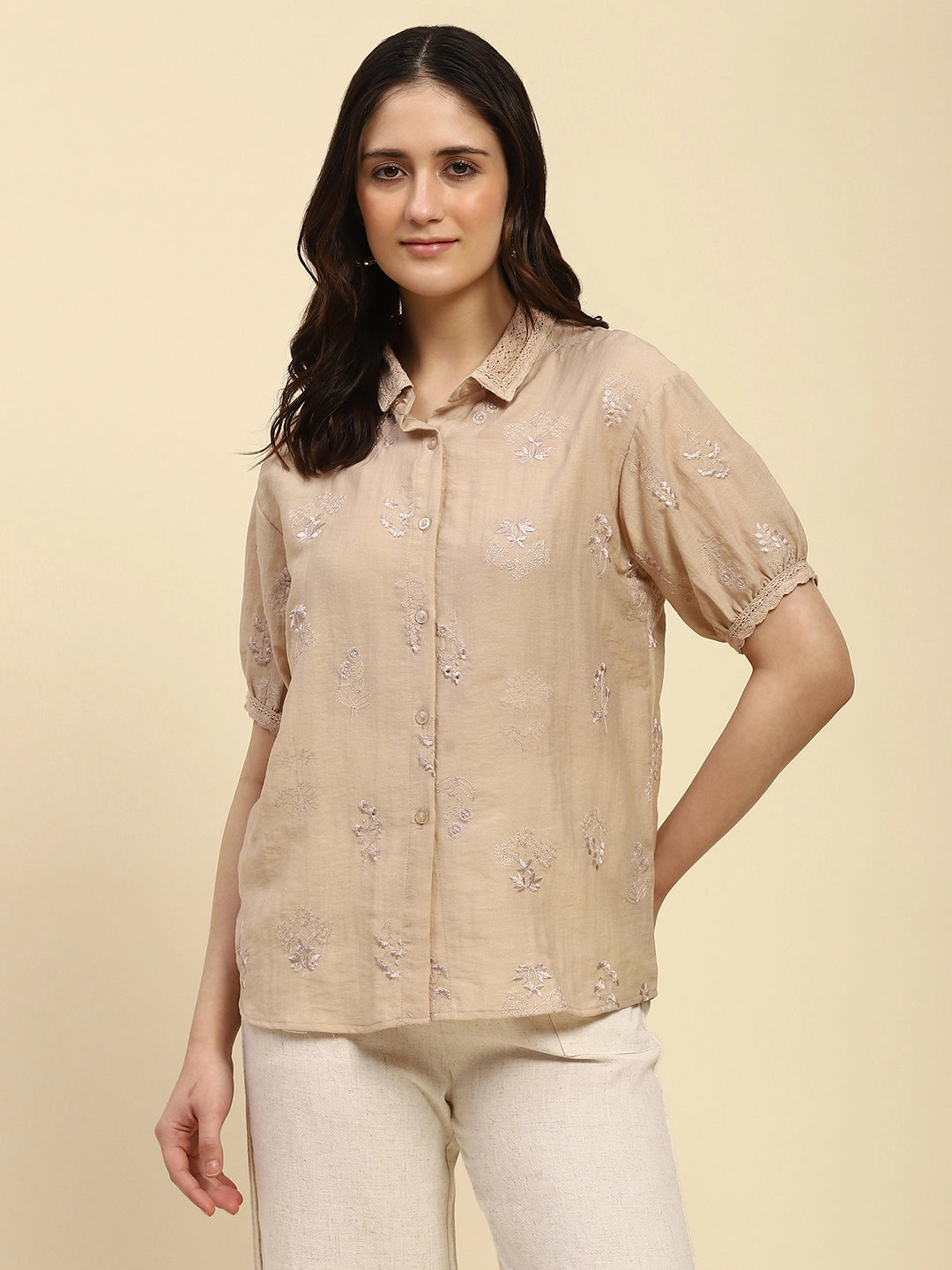 Beige Embroidered Poly Blend Relaxed Fit Shirt