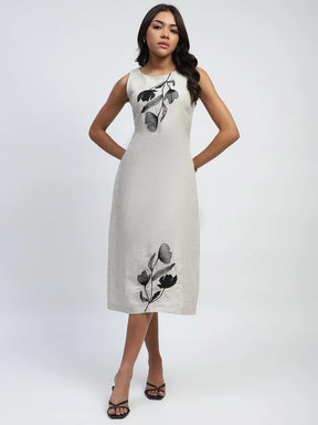 Natural Floral Embroidery Linen Regular Fit Dress