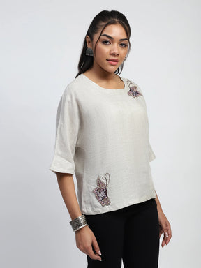 Natural Beads And Pearl Embroidery Linen Boxy Fit Blouse