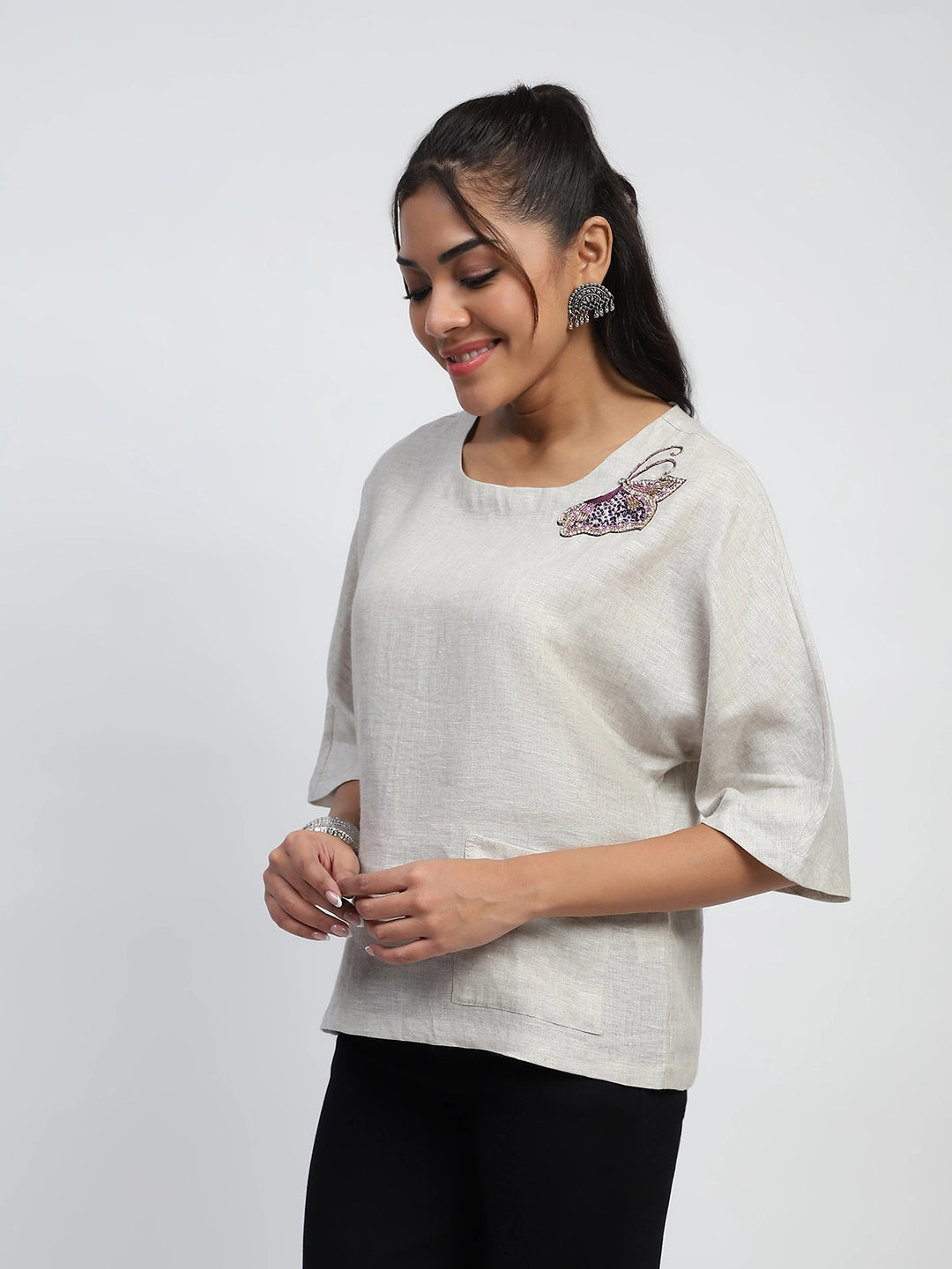 Natural Beads And Pearl Embroidery Linen Boxy Fit Blouse