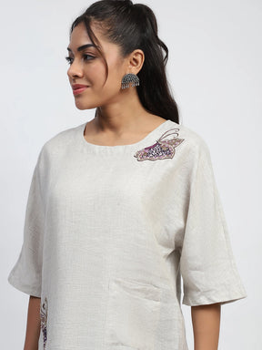 Natural Beads And Pearl Embroidery Linen Boxy Fit Blouse