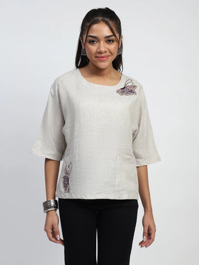 Natural Beads And Pearl Embroidery Linen Boxy Fit Blouse