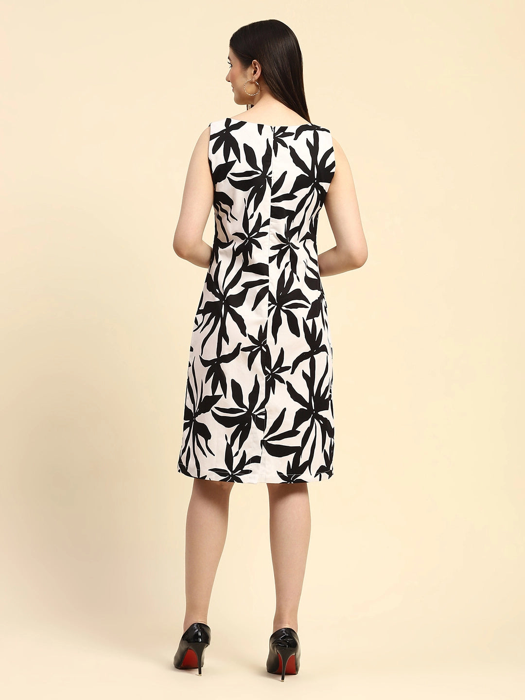 Black And White Tropical Print Cotton Poplin Slim Fit Dress