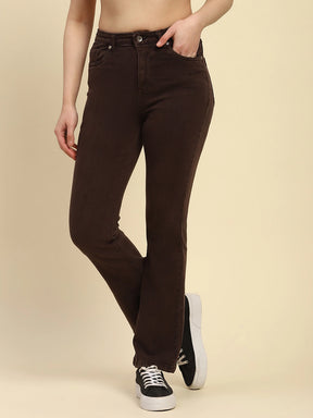 Brown Solid Cotton Blend Regular Fit Jeans