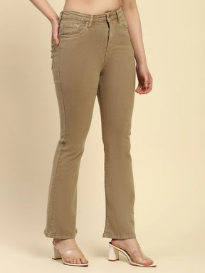 Khaki Solid Cotton Blend Regular Fit Jeans