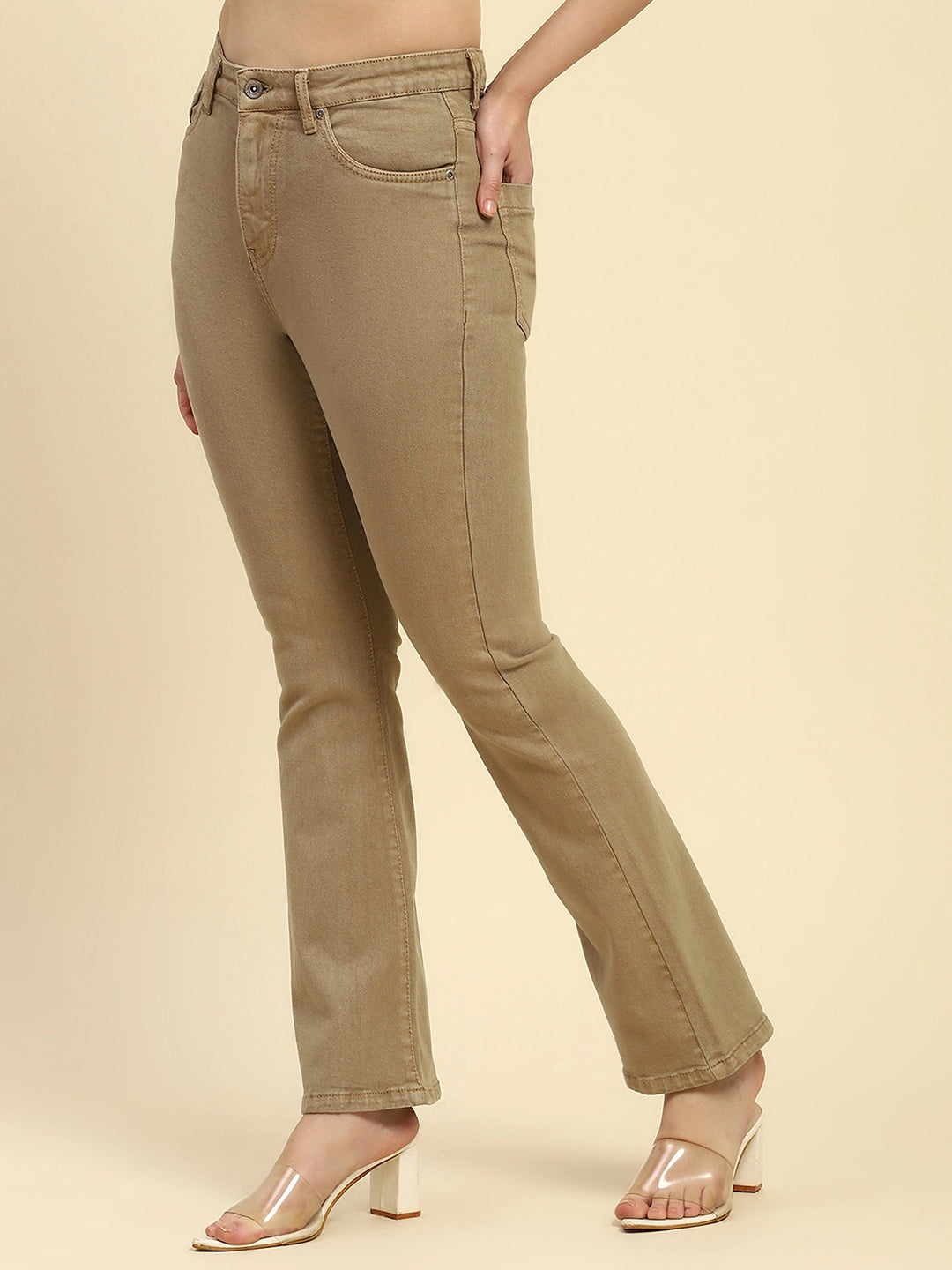 Khaki Solid Cotton Blend Regular Fit Jeans