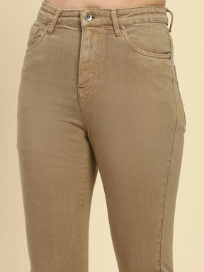 Khaki Solid Cotton Blend Regular Fit Jeans