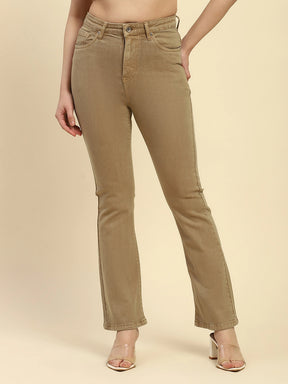 Khaki Solid Cotton Blend Regular Fit Jeans