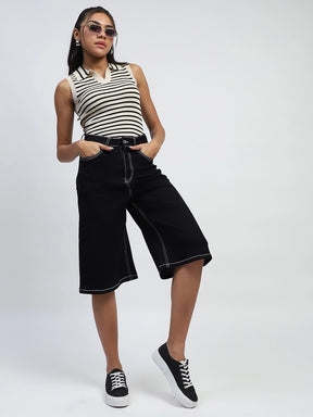 Black Solid Cotton Blend Loose Fit Culottes