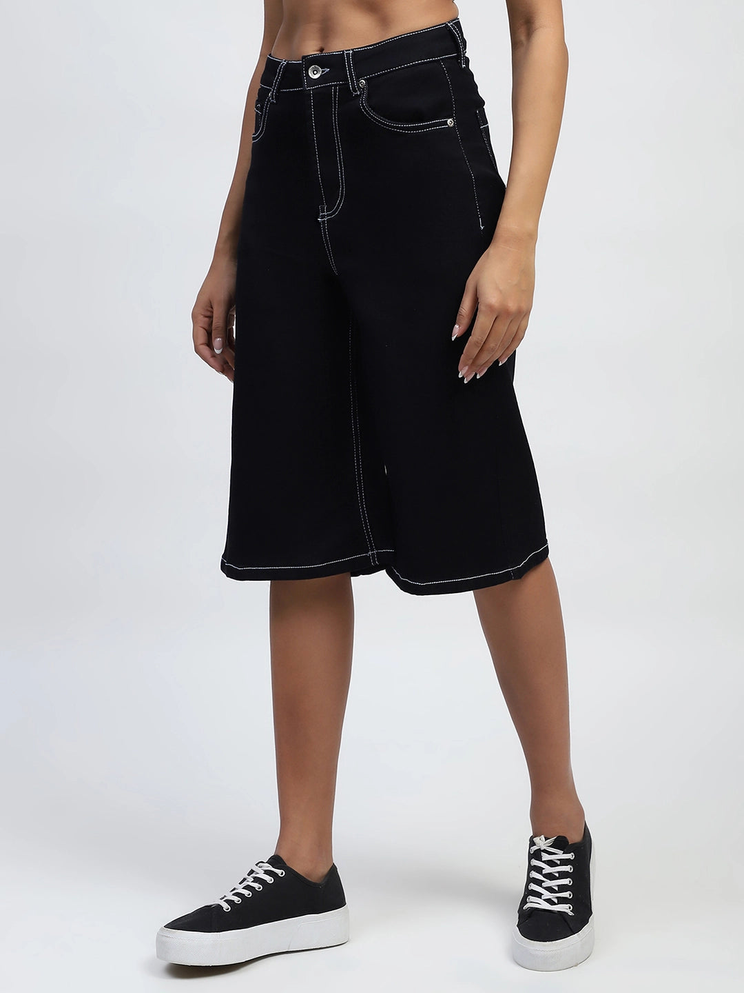 Black Solid Cotton Blend Loose Fit Culottes