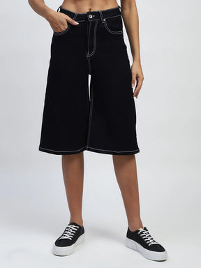 Black Solid Cotton Blend Loose Fit Culottes