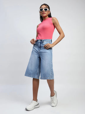 Blue Solid Cotton Blend Loose Fit Culottes