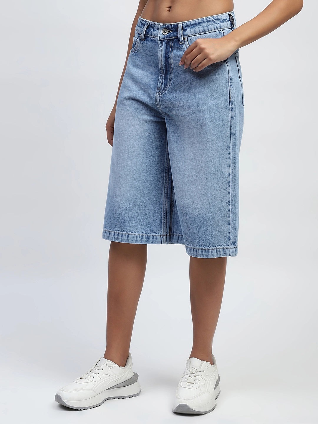 Blue Solid Cotton Blend Loose Fit Culottes