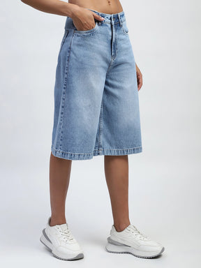 Blue Solid Cotton Blend Loose Fit Culottes